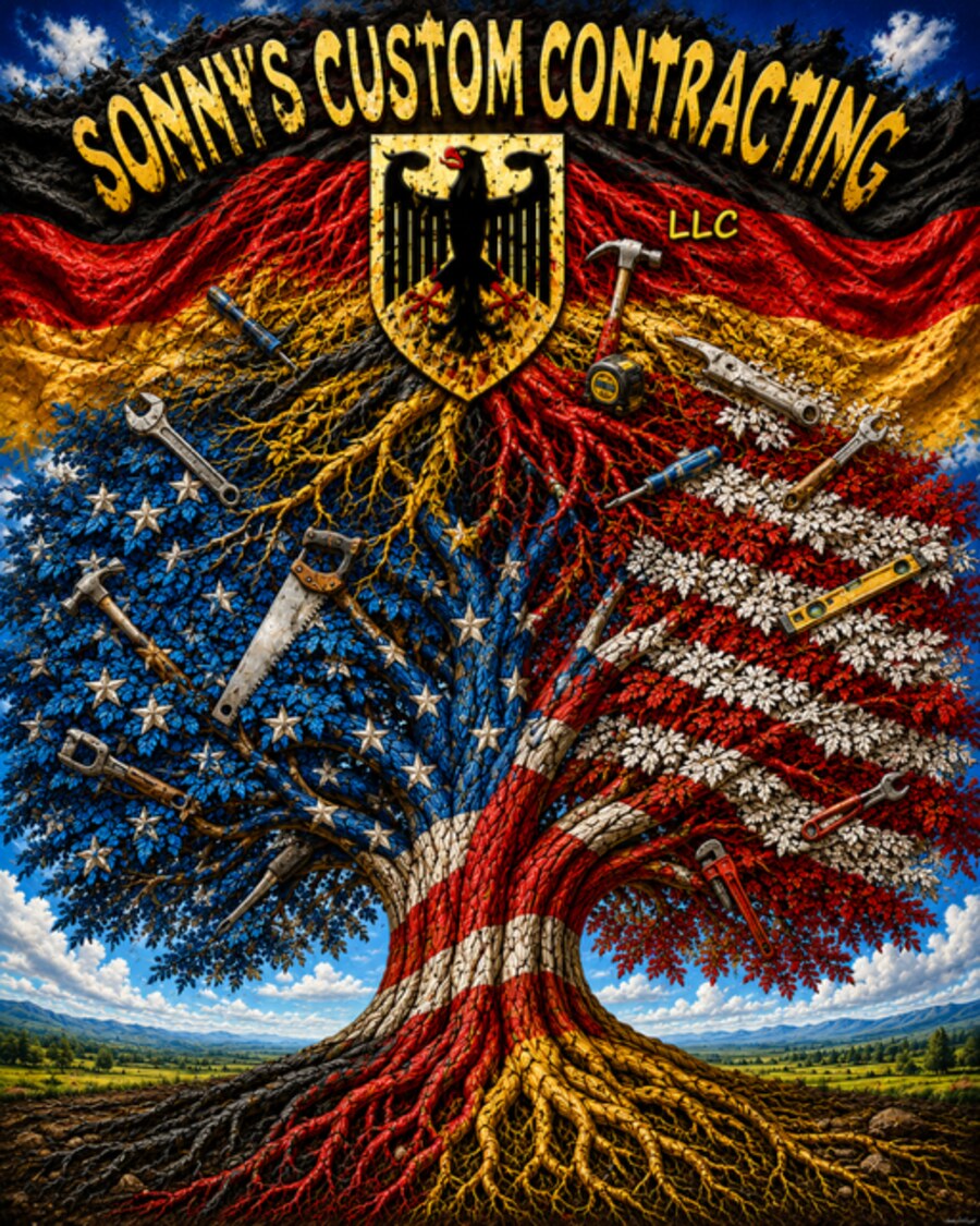 Sonny's Custom Contracting — American flag-tree emblem with eagle crest